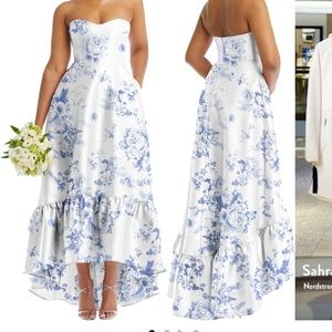 Alfred Sung Strapless Floral Ruffle High-Low Gown, COTTAGE ROSE Larkspur sz 4